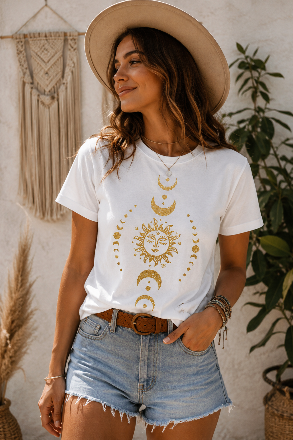 METALLIC GOLD CELESTIAL SUN & MOON GRAPHIC TEE