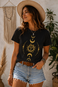 METALLIC GOLD CELESTIAL SUN & MOON BLACK GRAPHIC TEE