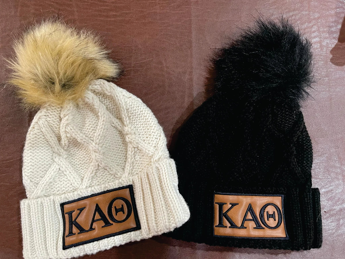 Black Kappa Alpha Theta Embroidered Faux Fur Pom Beanie