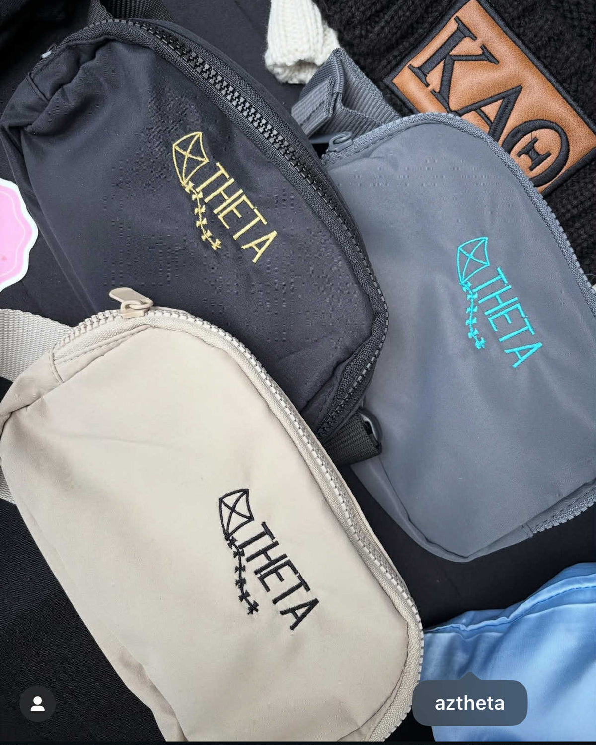 Theta Black Belt Bag with Gold Embroidery.