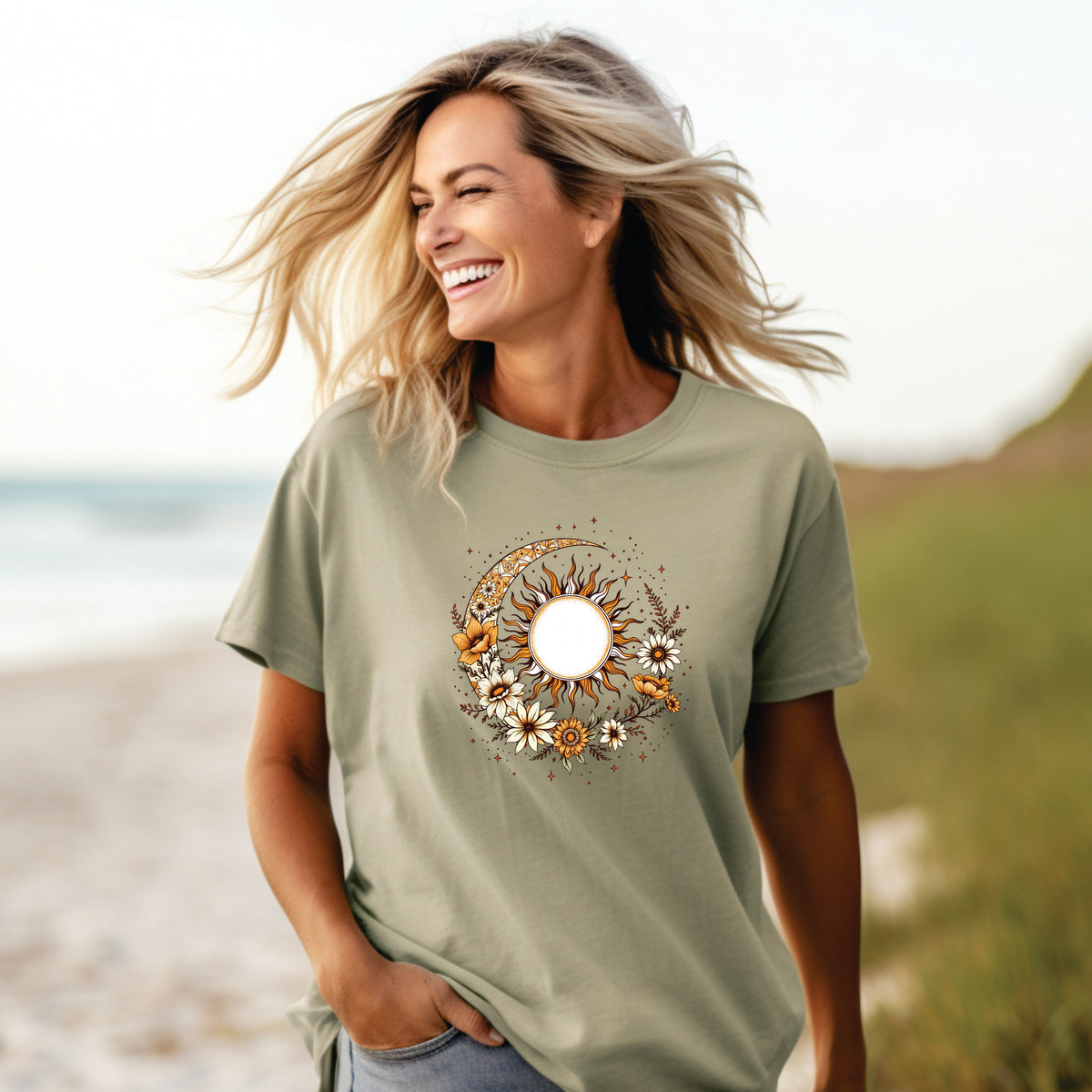 Celestial Sun & Moon Floral Graphic Tee