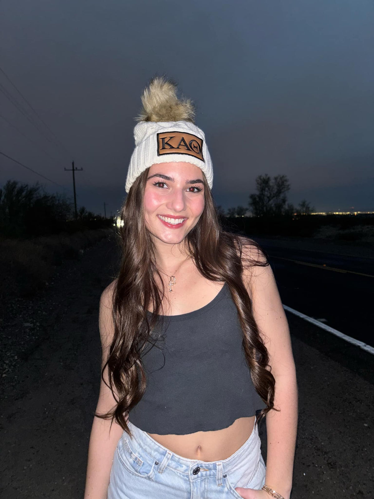 Black Kappa Alpha Theta Embroidered Faux Fur Pom Beanie